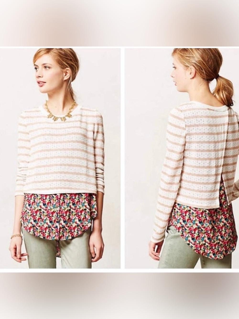 Anthropologie Cream and Beige Striped Sweater with Floral Hem